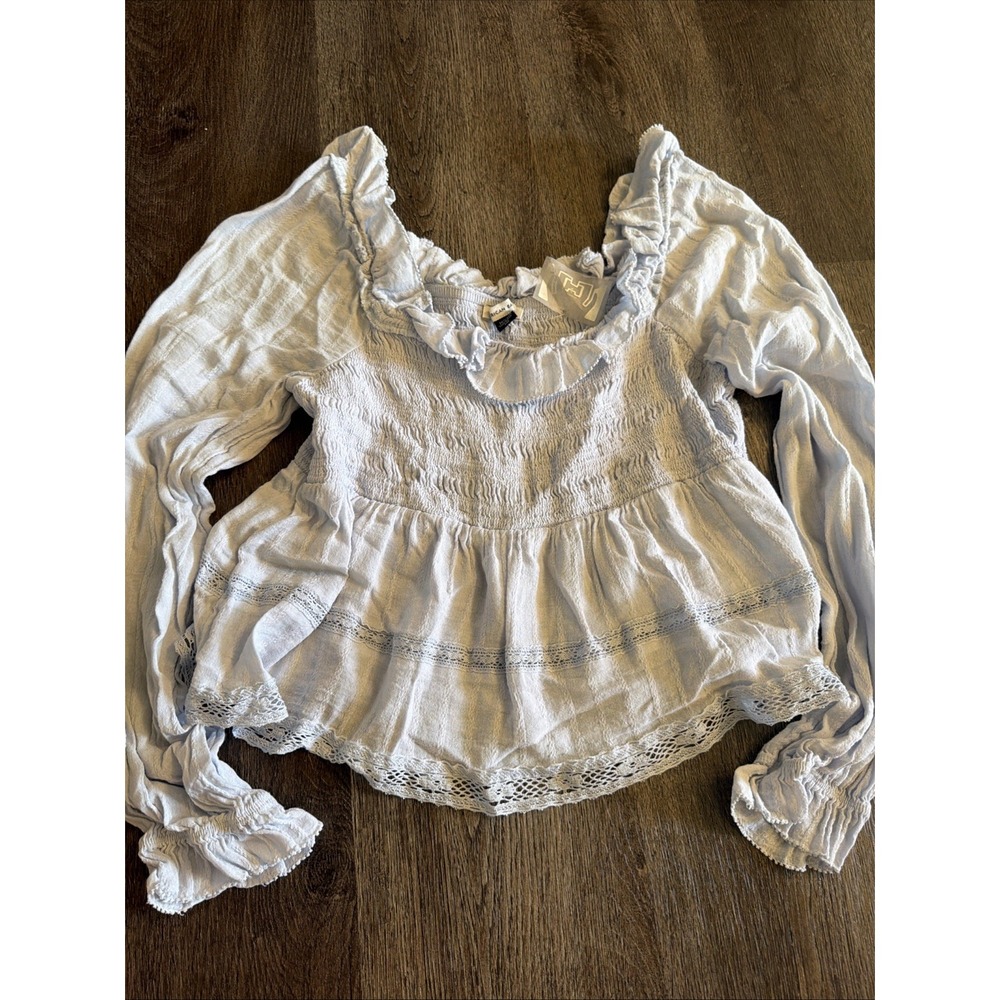Festival American Eagle Periwinkle Blue Ruffled Boho Smocked Lace Top Size M